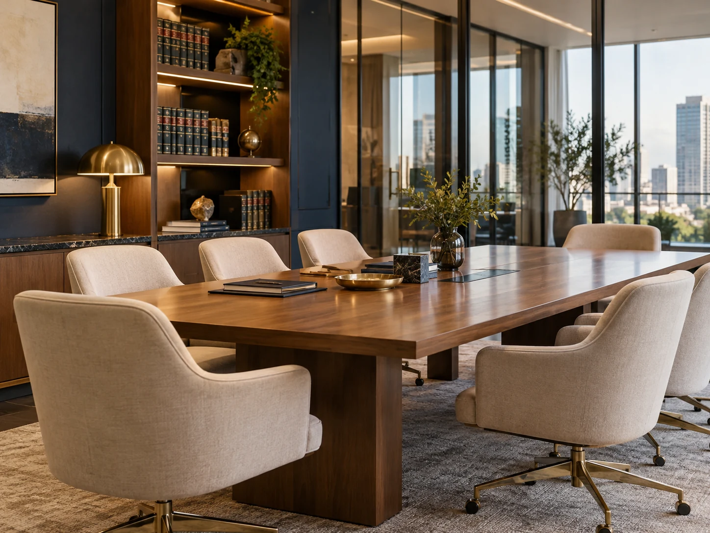 Sala de reuniões do escritório, com mesa de madeira e cadeiras claras